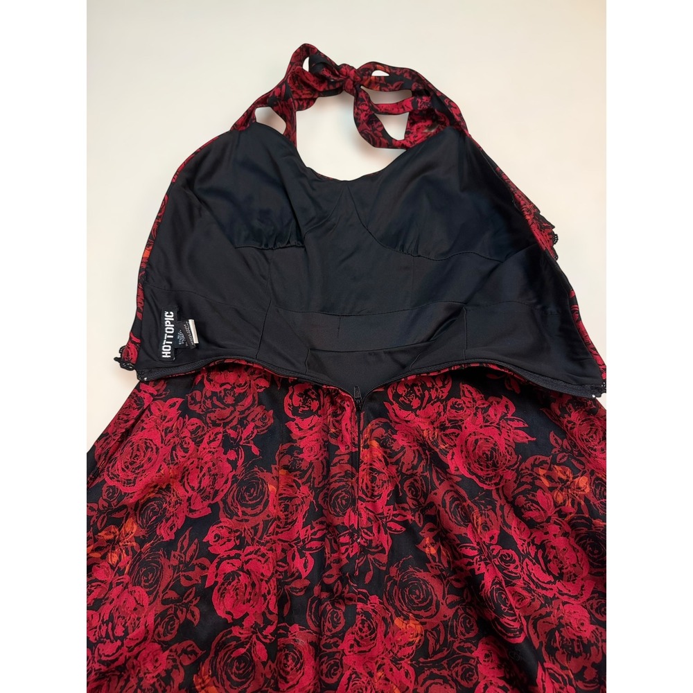 Hot Topic Red Rose Floral Halter Dress Black Tulle Rockabilly Goth‎ Small Pin Up - Picture 5 of 7